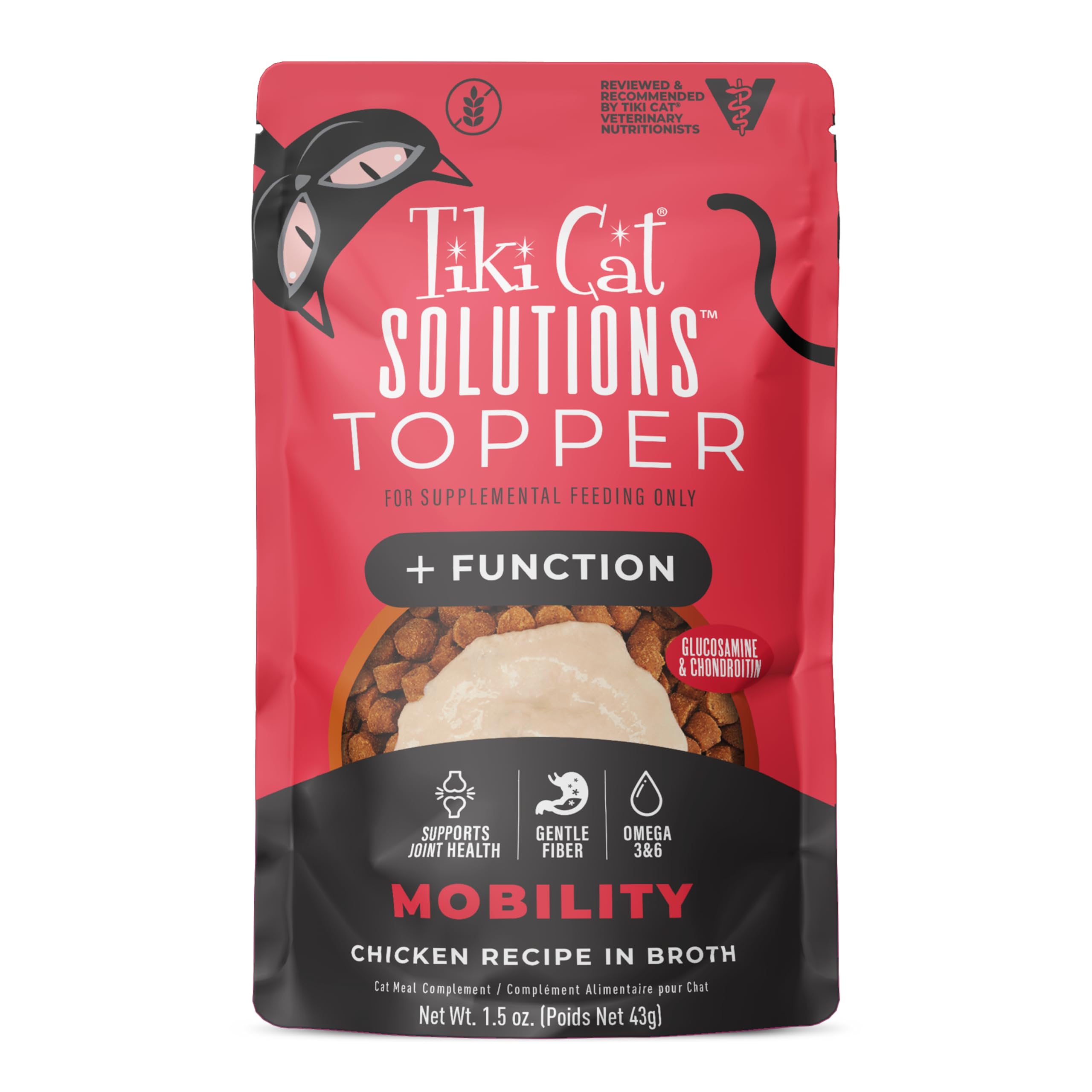 Tiki Pets Solutions Movilidad Aderezo, caldo de pollo, ideal para hidratación diaria.