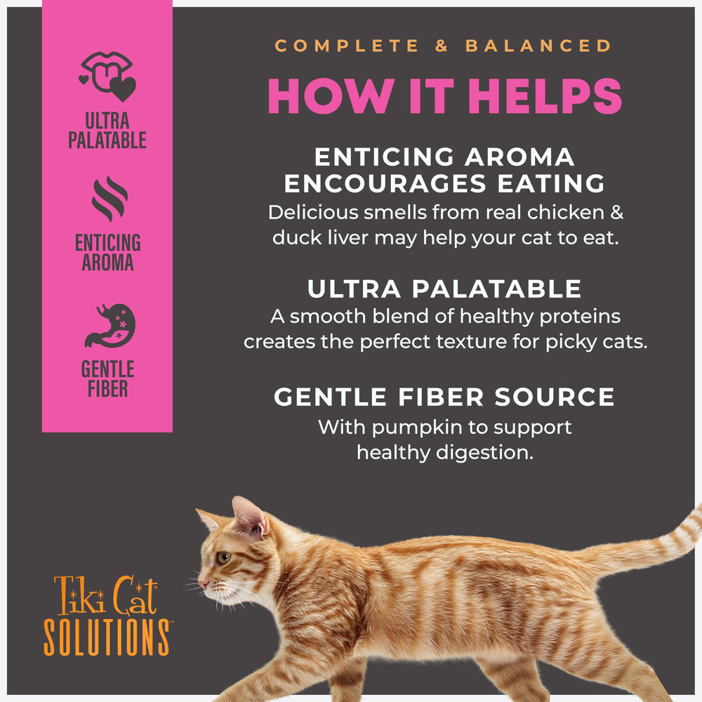 Tiki Cat Solutions Fussy Mousse sin granos, opción digestiva estable.