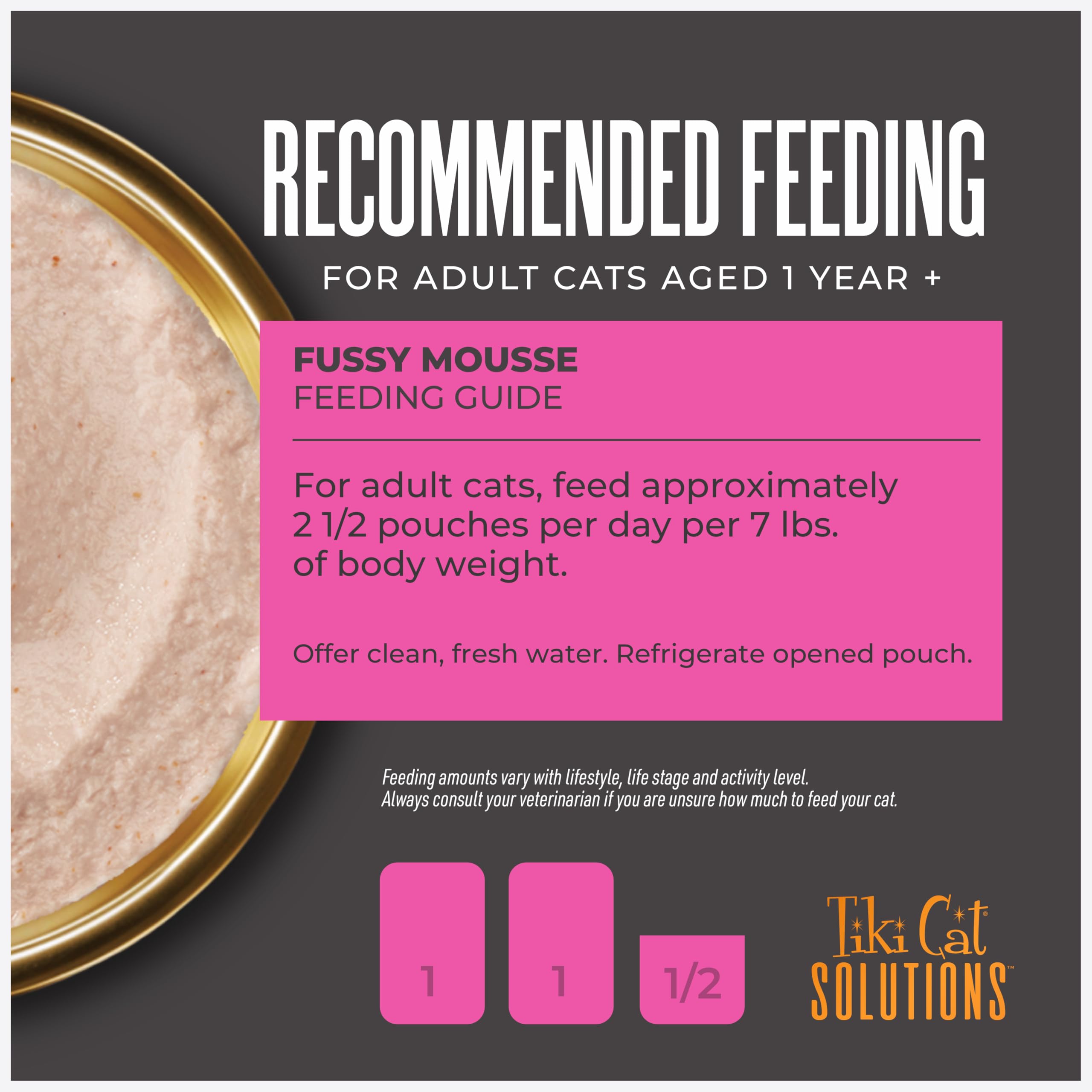 Tiki Cat Solutions Fussy Mousse sin subproductos, ingredientes simples.