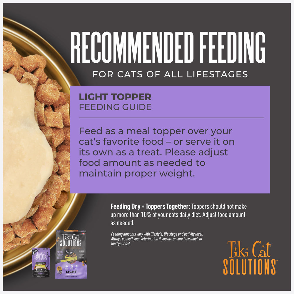 Alto contenido proteico y humedad en Tiki Cat Solutions Topper Light para saciedad.