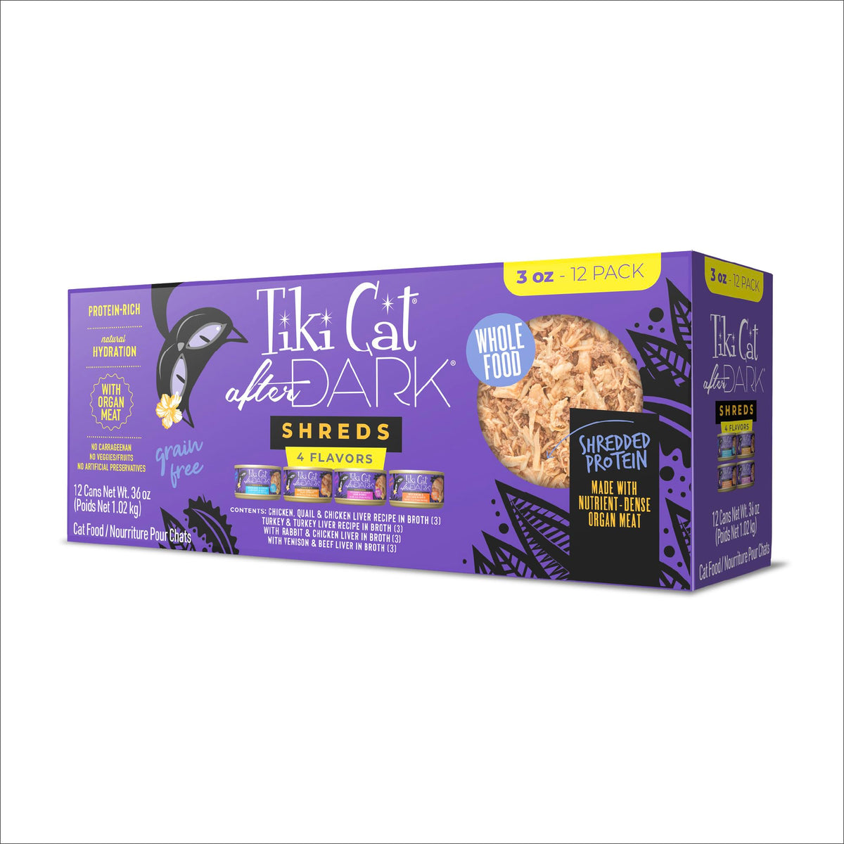 Tiki Cat After Dark Shreds en lata, porción de 3 oz para gatos activos.