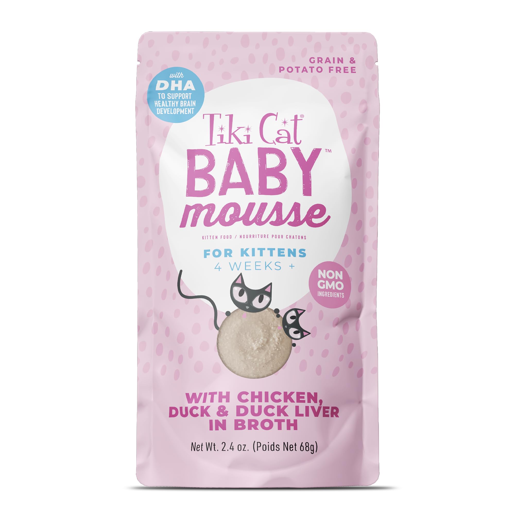 Presentación del envase de Tiki Cat Baby Mousse para gatitos, ideal para la transición a sólidos.