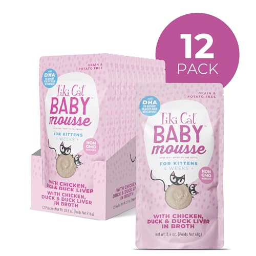 Ingredientes reales de pollo y pato en Tiki Cat Baby Mousse, sabor suave para gatitos.
