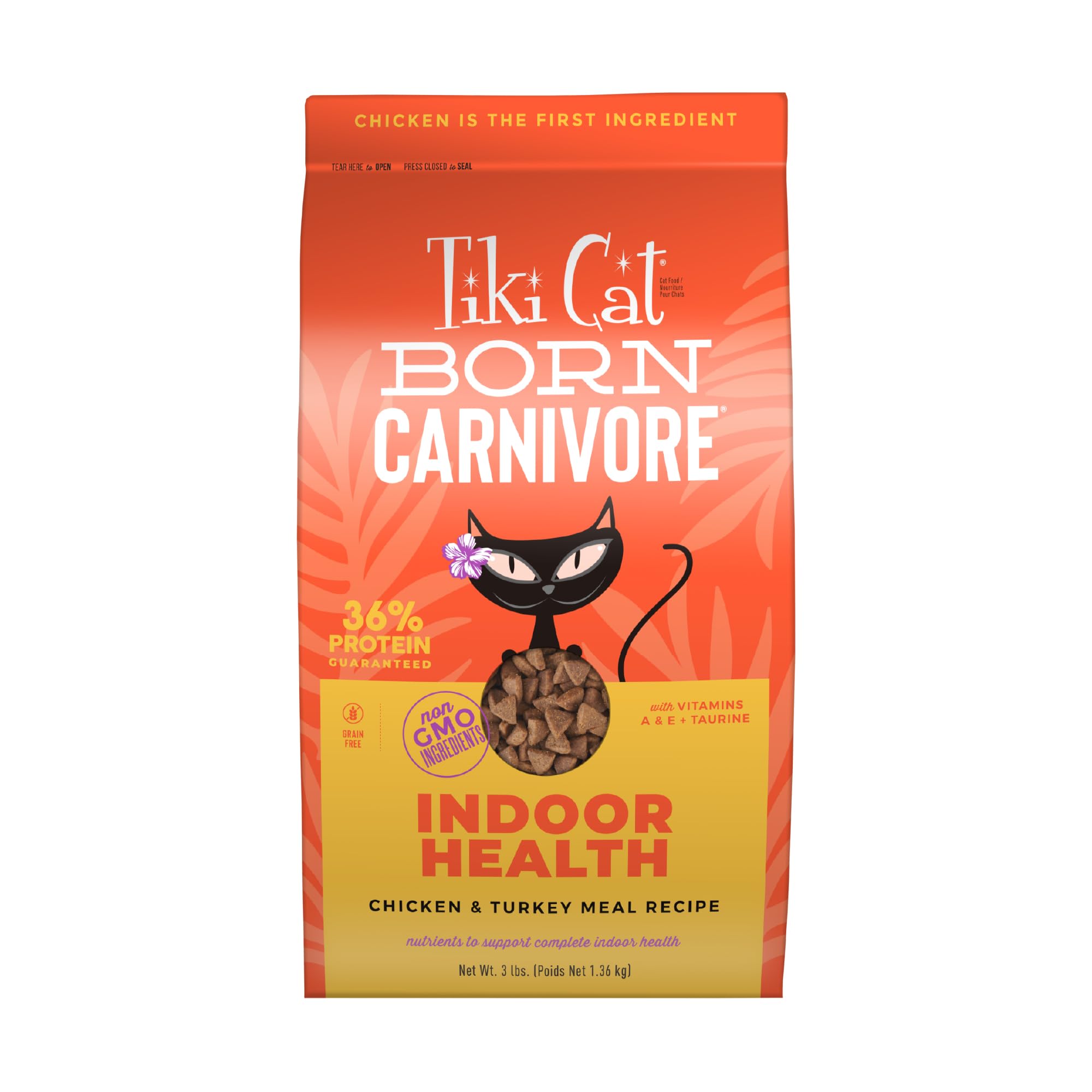 Tiki Pets Tiki Cat Born Carnivore, empaque frontal, fórmula alta proteína para gatos interiores.
