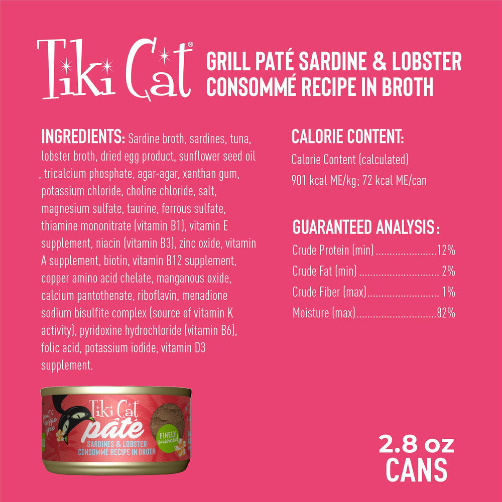 Tiki Cat Grill Pate Sardinas Langosta Lata: dieta completa para gatos de todas las edades.