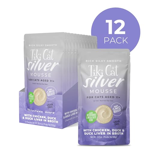 Tiki Cat Silver Mousse con pato: combinación sabrosa para músculos en gatos mayores.