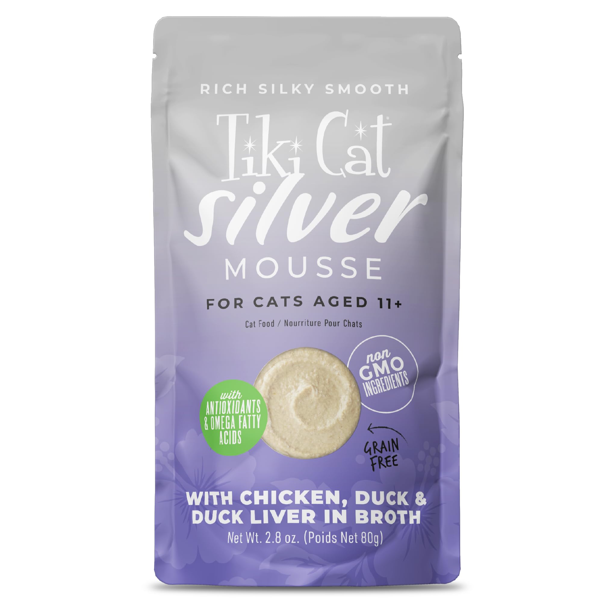 Tiki Cat Silver Mousse con pollo: textura suave para gatos adultos.
