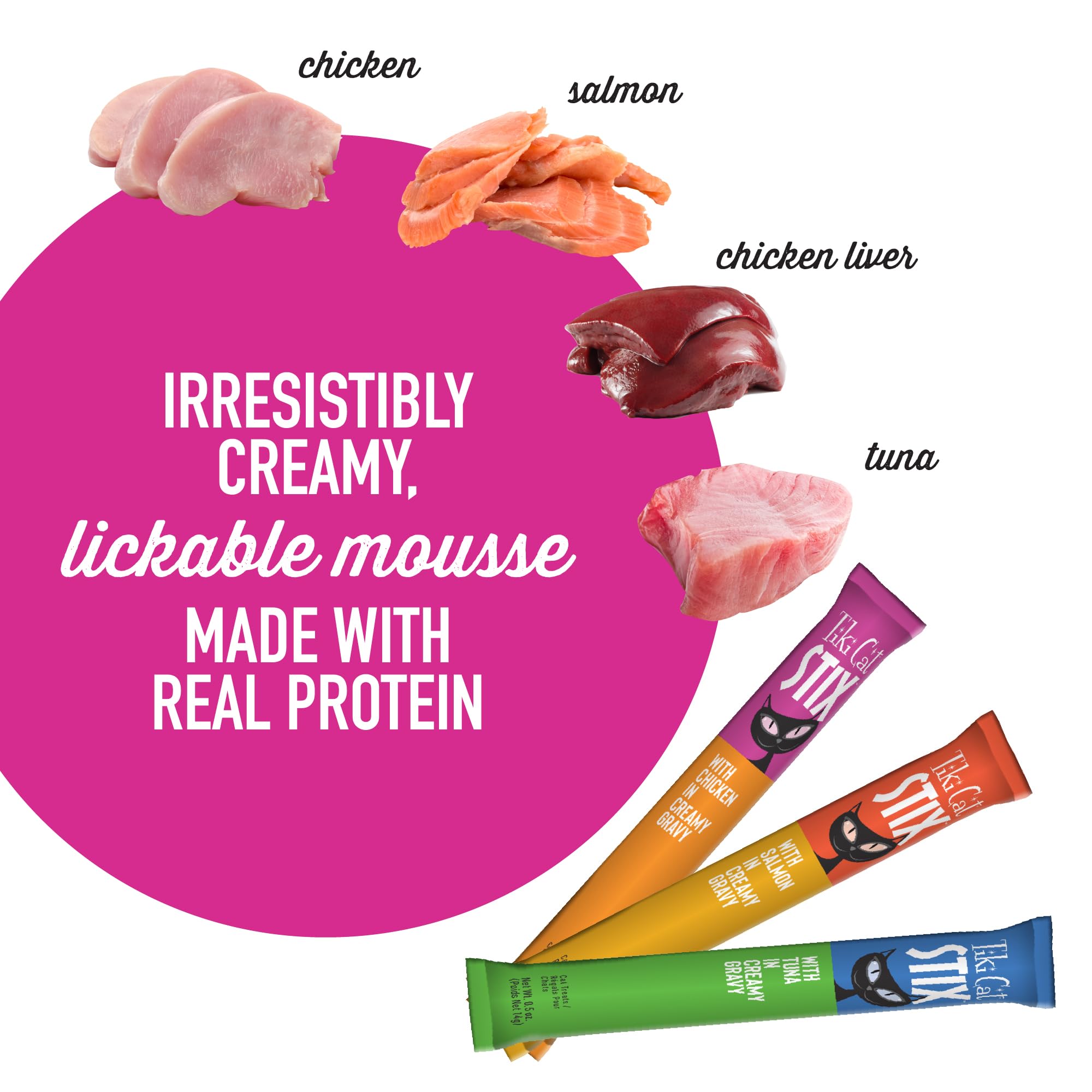 Tiki Cat Stix Mousse con proteína de alta calidad.