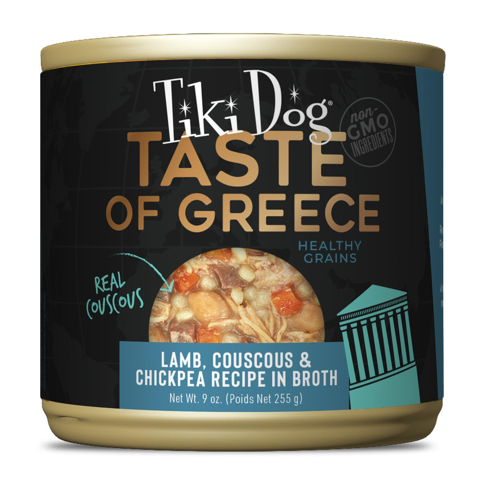 Tiki Pets Tiki Dog Sabor del Mundo Grecia con cordero, cuscús y garbanzos, sabor mediterráneo para perros.