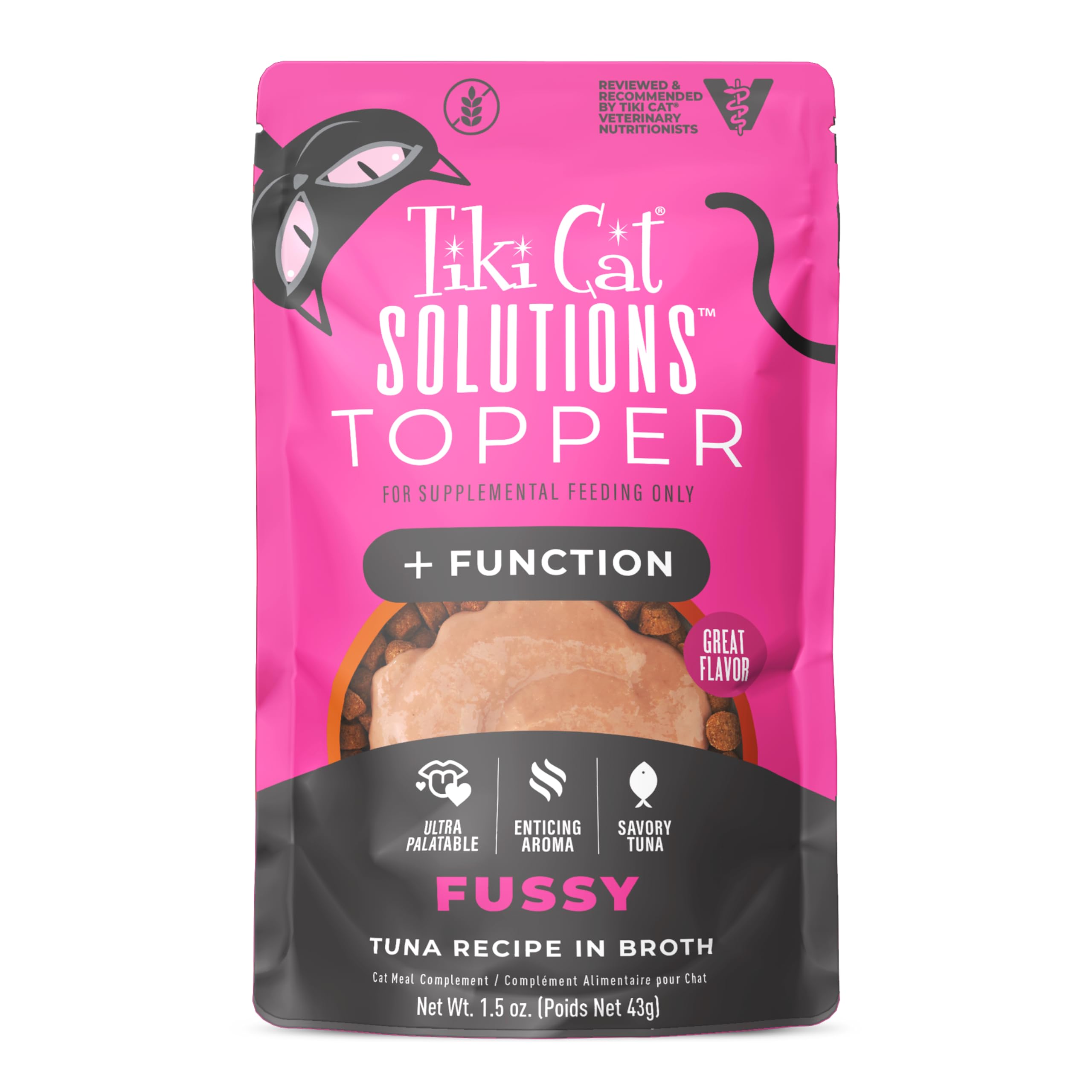 Tiki Pets Topper Fussy atún en caldo, empaque 1.5 oz, ideal para realzar la comida.
