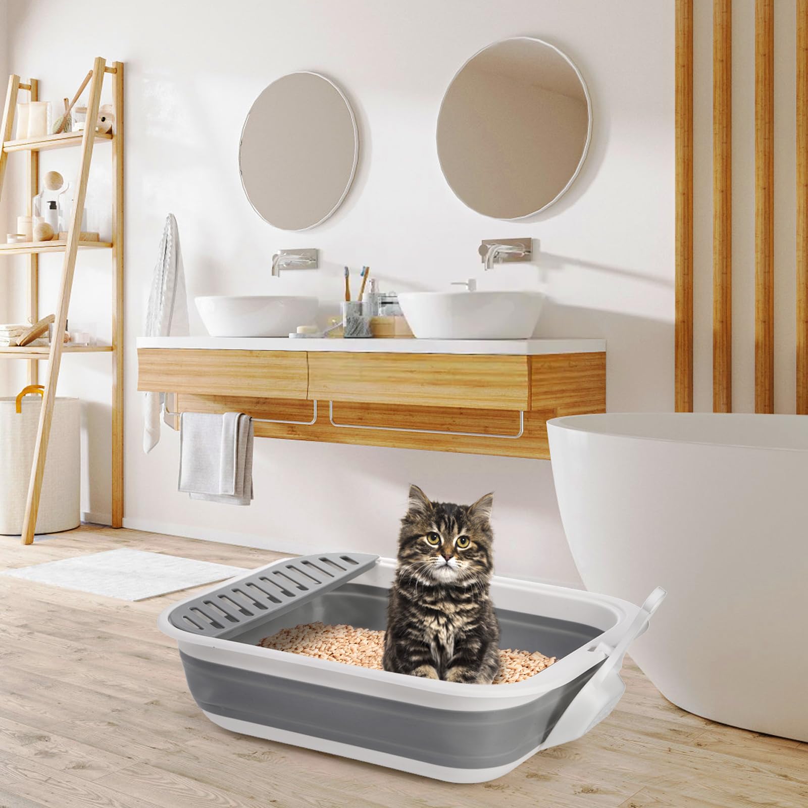 Tlence tamano-amplio-caja-arena-gato ofrece espacio para girar y acomodar.