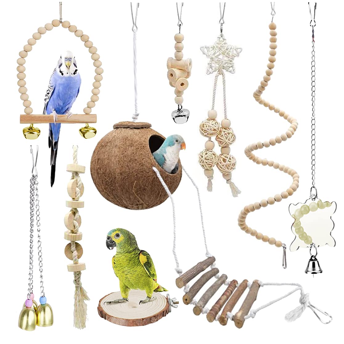 Tolmiow juguetes de madera para loros, set de 9 piezas, estimula exploración y mordisqueo seguro.