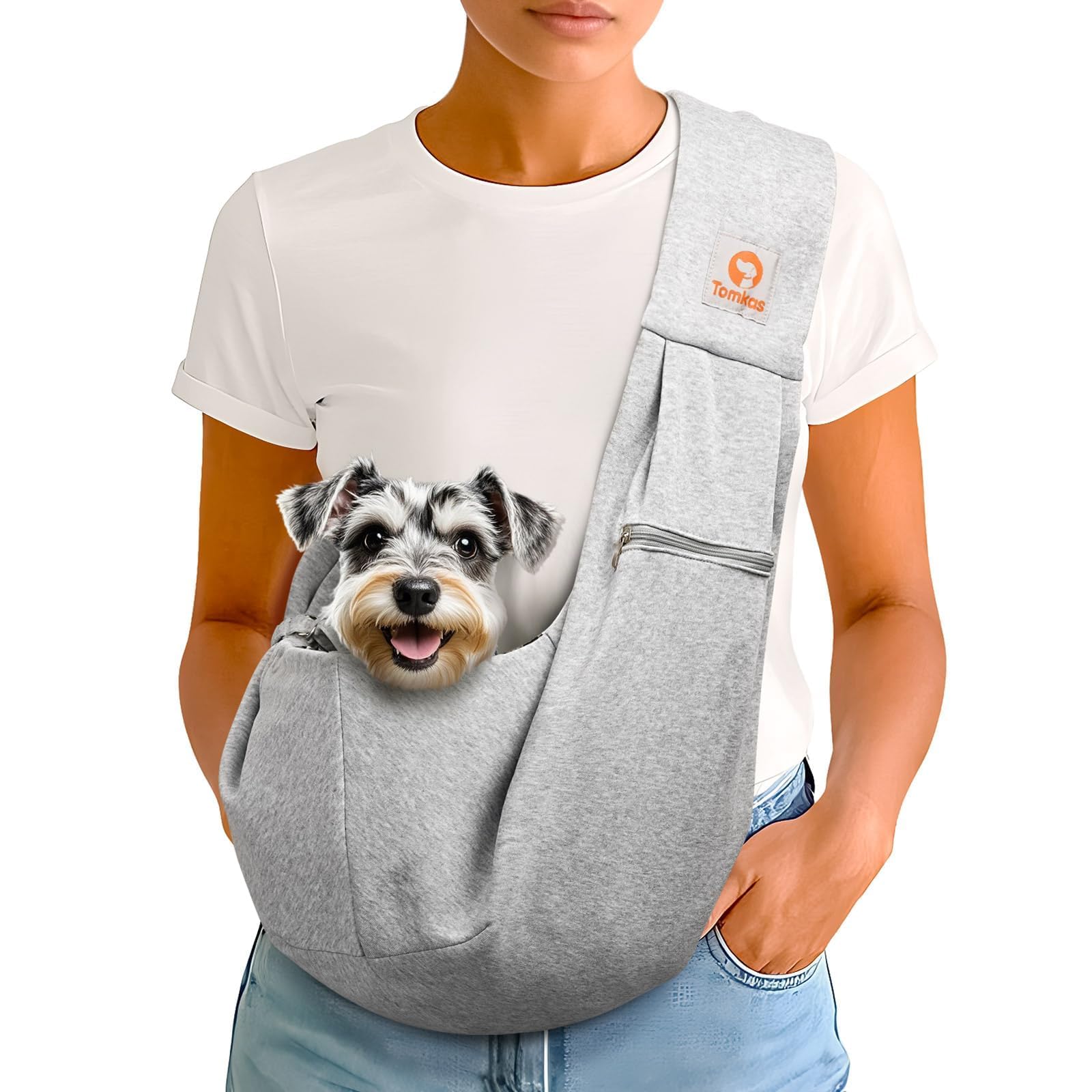 Tomkas Sling para perro pequeño, vista frontal, cómodo para paseos diarios