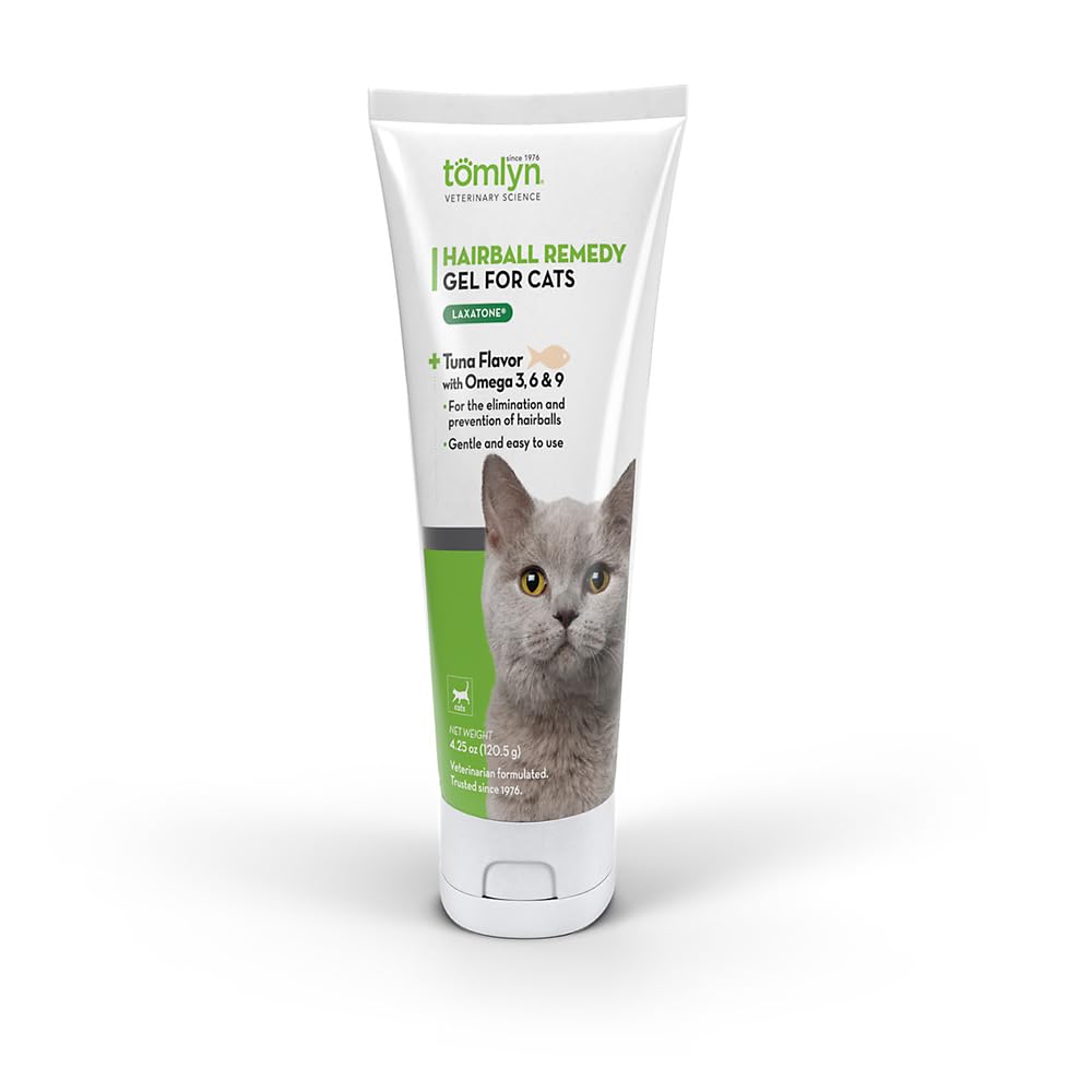 Tomlyn Laxatone Tuna Gel frente al envase, fácil de usar para bolas de pelo.