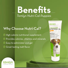 Tomlyn Nutri-Cal frente del tubo, dosis fácil para cachorros en crecimiento.