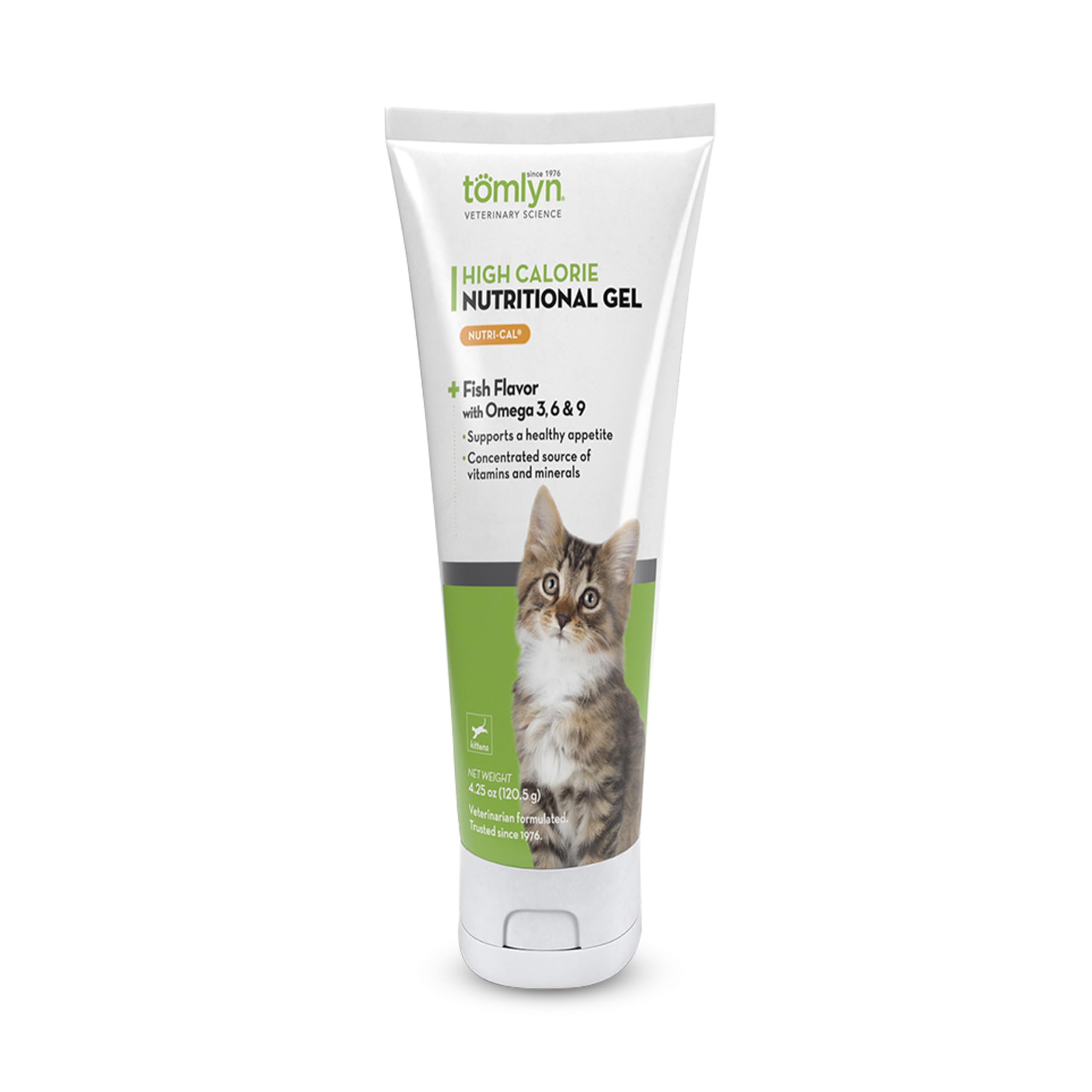 Tomlyn Nutri-Cal gel para gatitos, empaque visible, fuente conveniente de calorías para crecimiento.