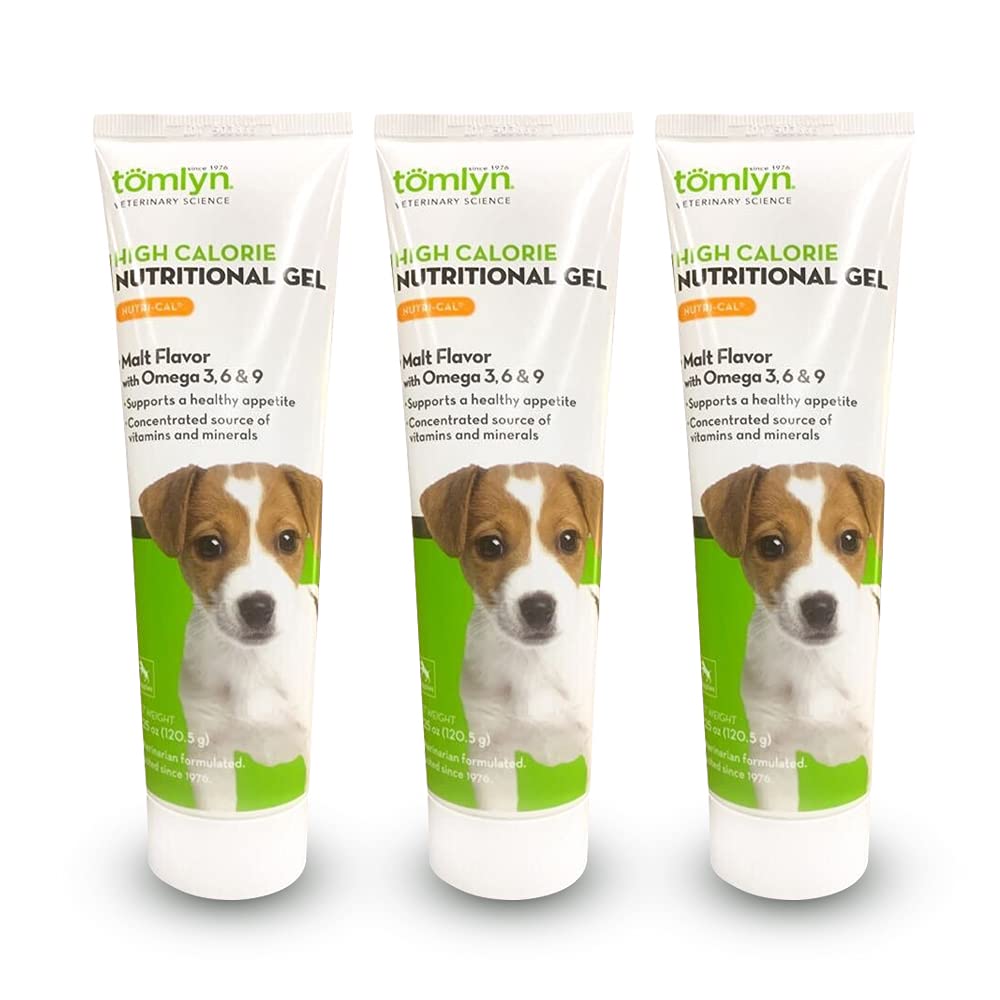 Tomlyn Nutri-Cal: tubo aplicando, aporta calorías extra para cachorros activos.