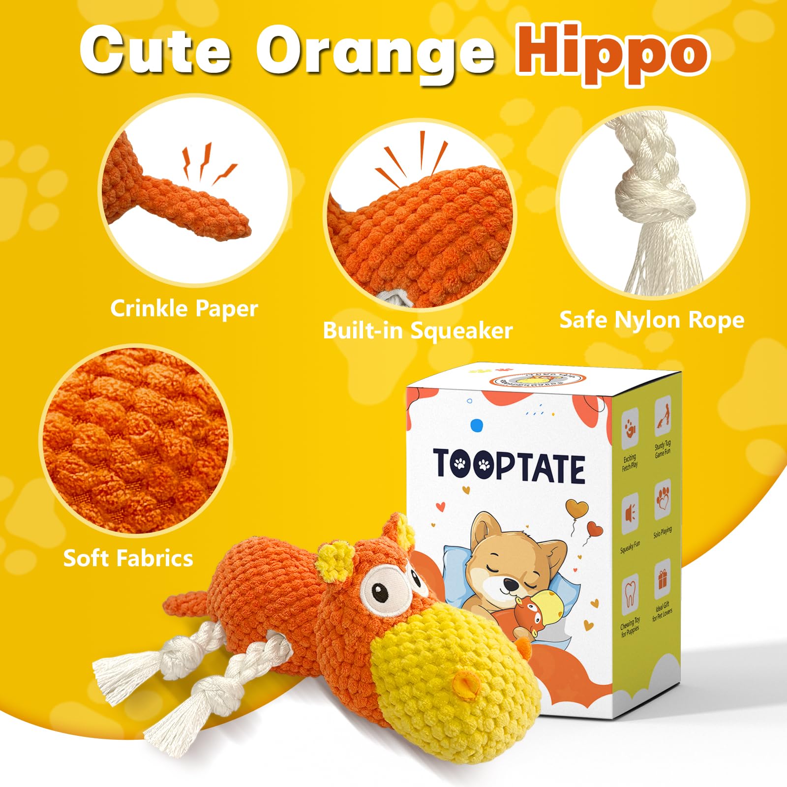 TOOPTATE hipopótamo naranja, cuerda de nylon para mordidas duraderas.