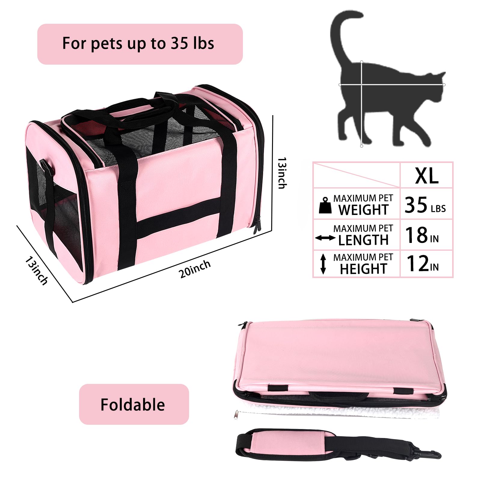 Top tasta transportín para perros grande, plegable, rosa.