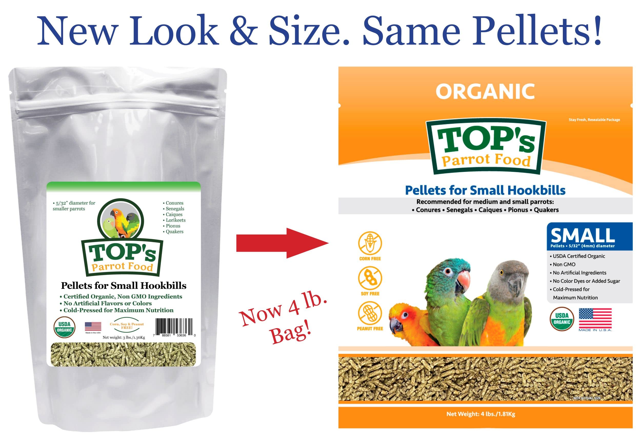 Envase sostenible de TOP's Parrot Food, fácil de almacenar y reciclar.