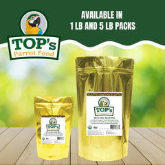 Etiqueta de TOP's Parrot Food muestra ingredientes naturales y certificación orgánica.