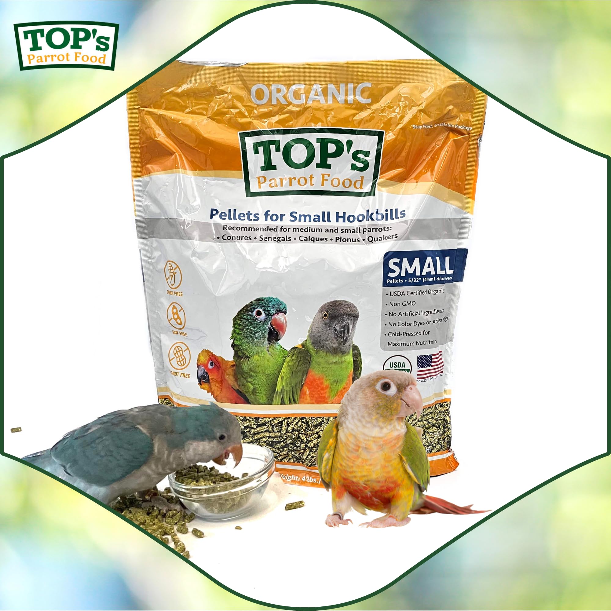 TOP's Parrot Food ingredientes frescos y naturales para aves felices.