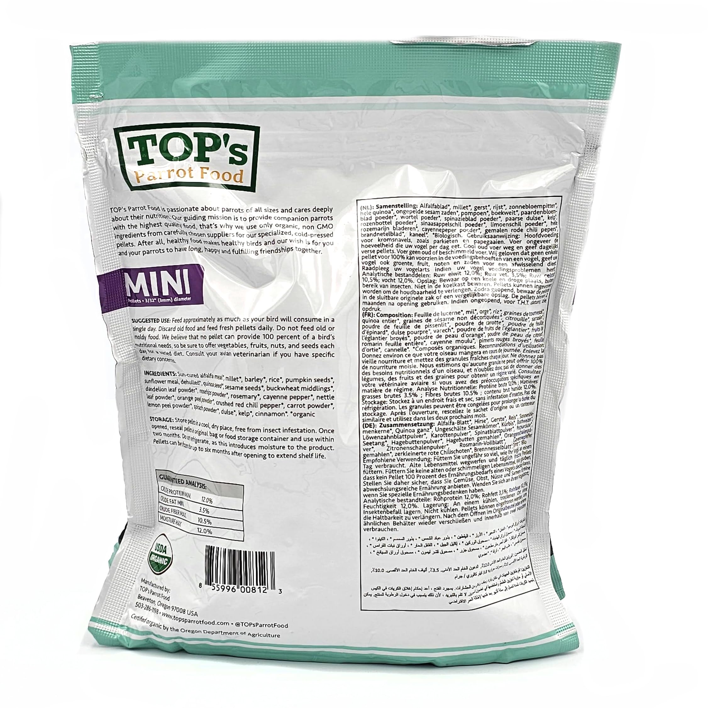 TOP's Parrot Food Mini Pellets: envase práctico con porciones para controlar la ingesta.