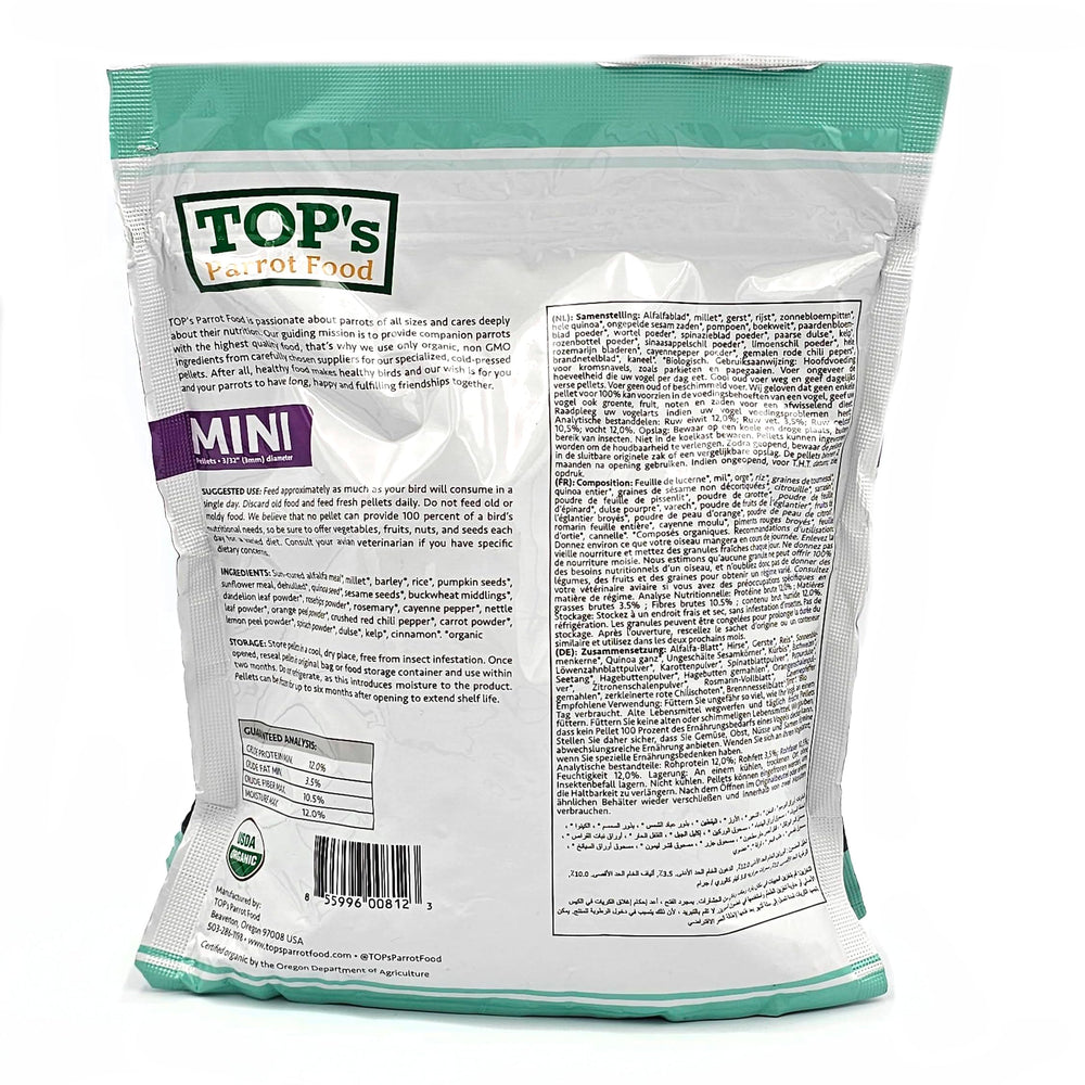TOP's Parrot Food Mini Pellets: envase práctico con porciones para controlar la ingesta.