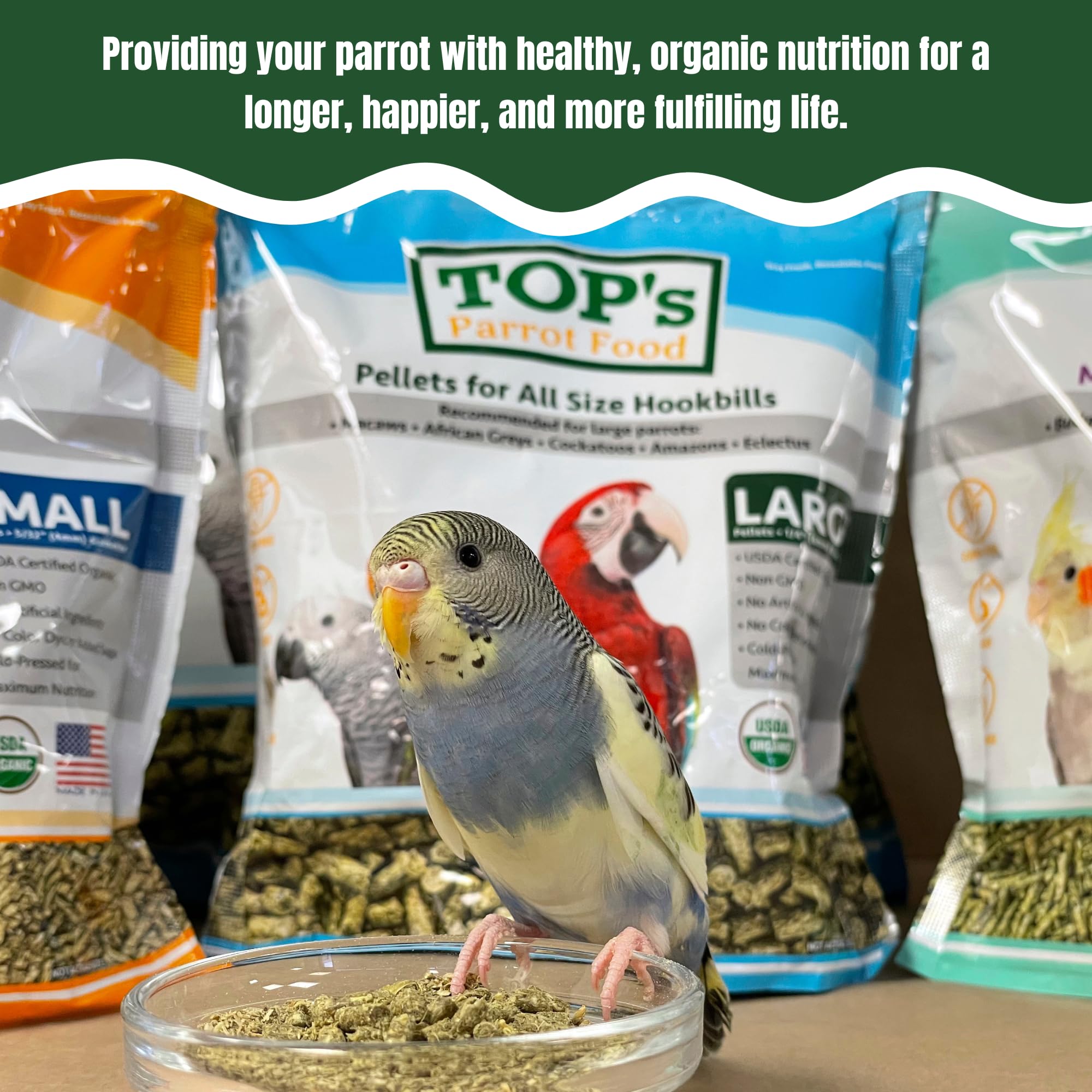 TOP's Parrot Food Mini Pellets: ingredientes naturales conservados con romero y cítricos.
