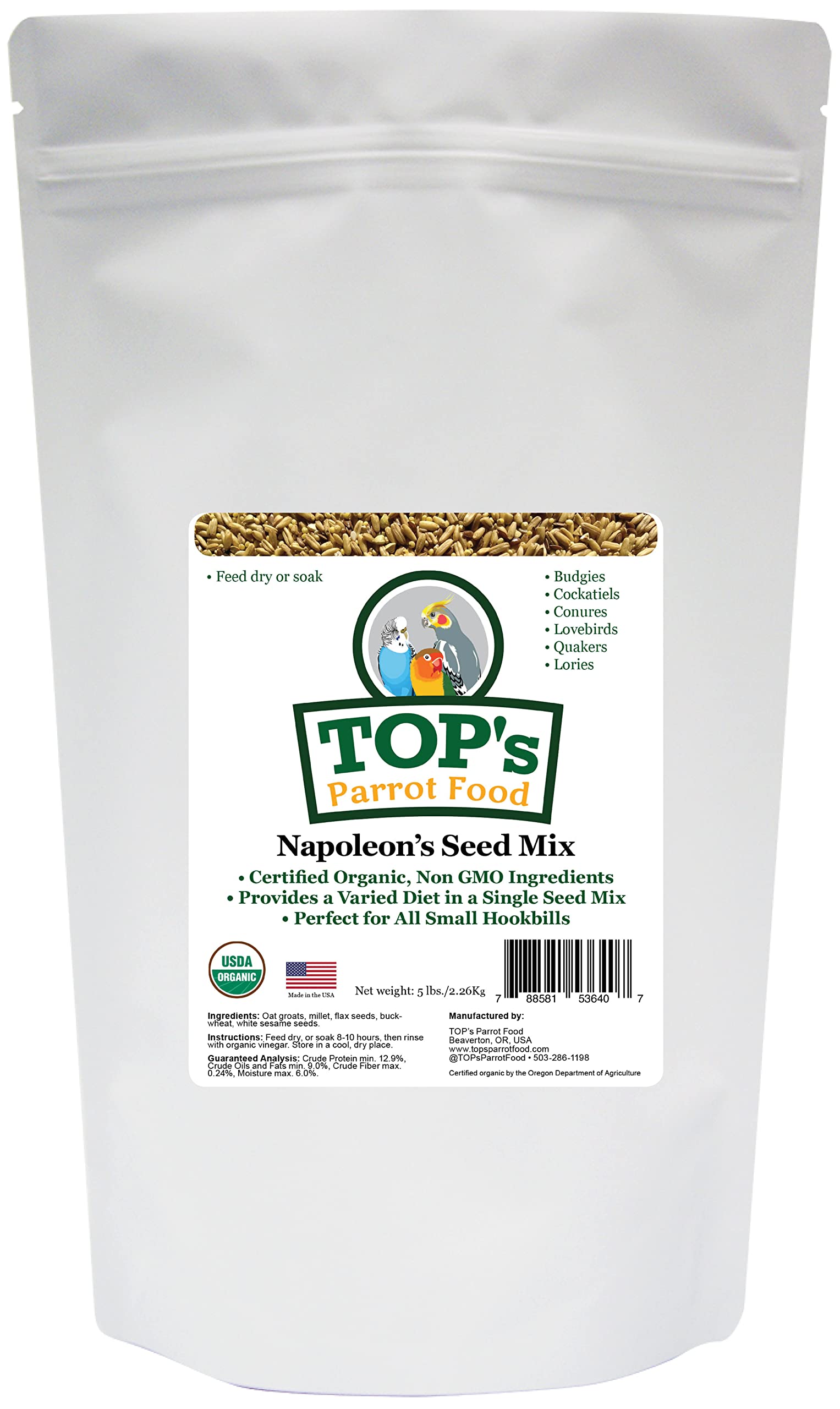 TOP's Napoleon's Seed Mix, bolsa de 5 lb, alimento natural para loros pequeños.