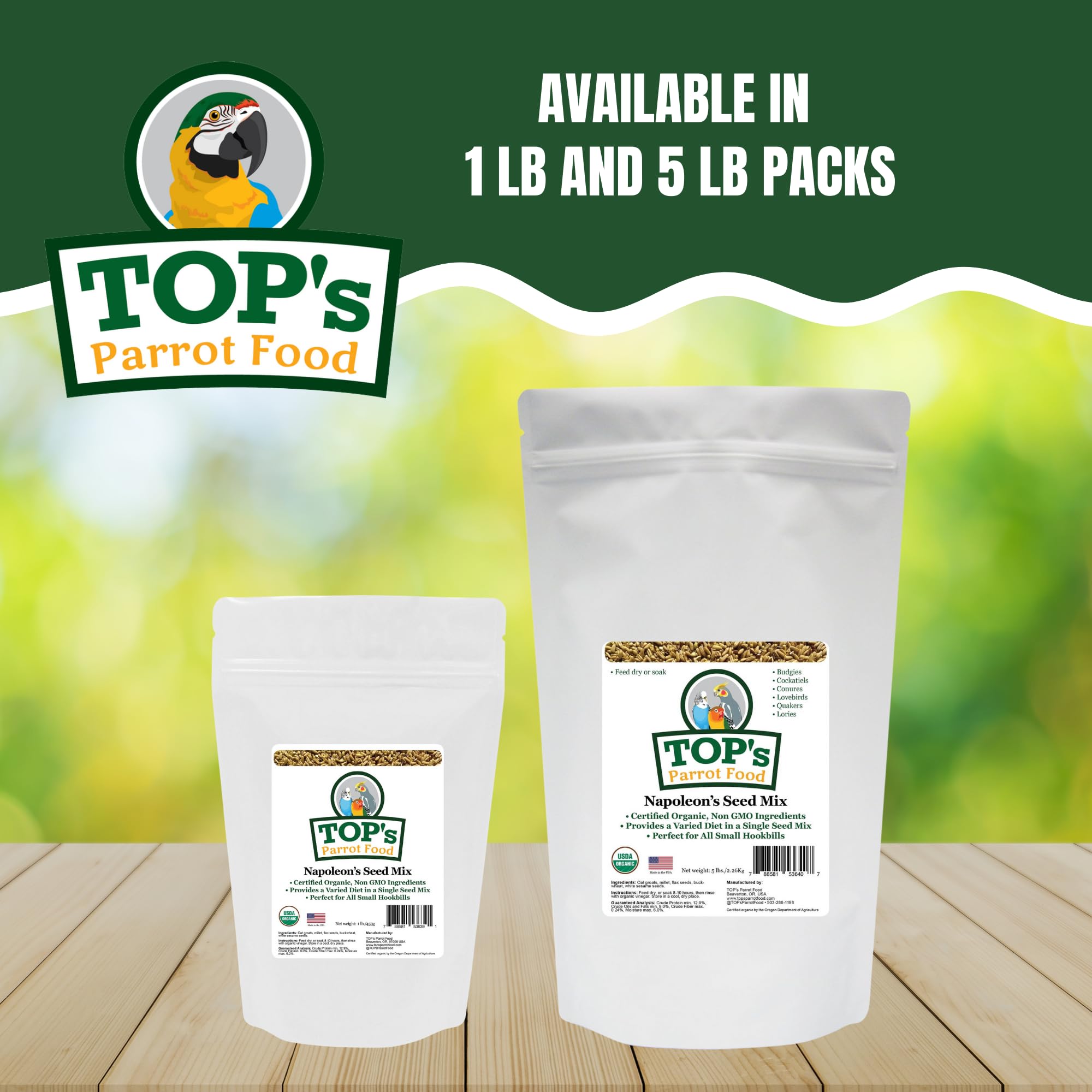 TOP's Napoleon's Seed Mix, uso en seco o remojado para mayor palatabilidad de aves.
