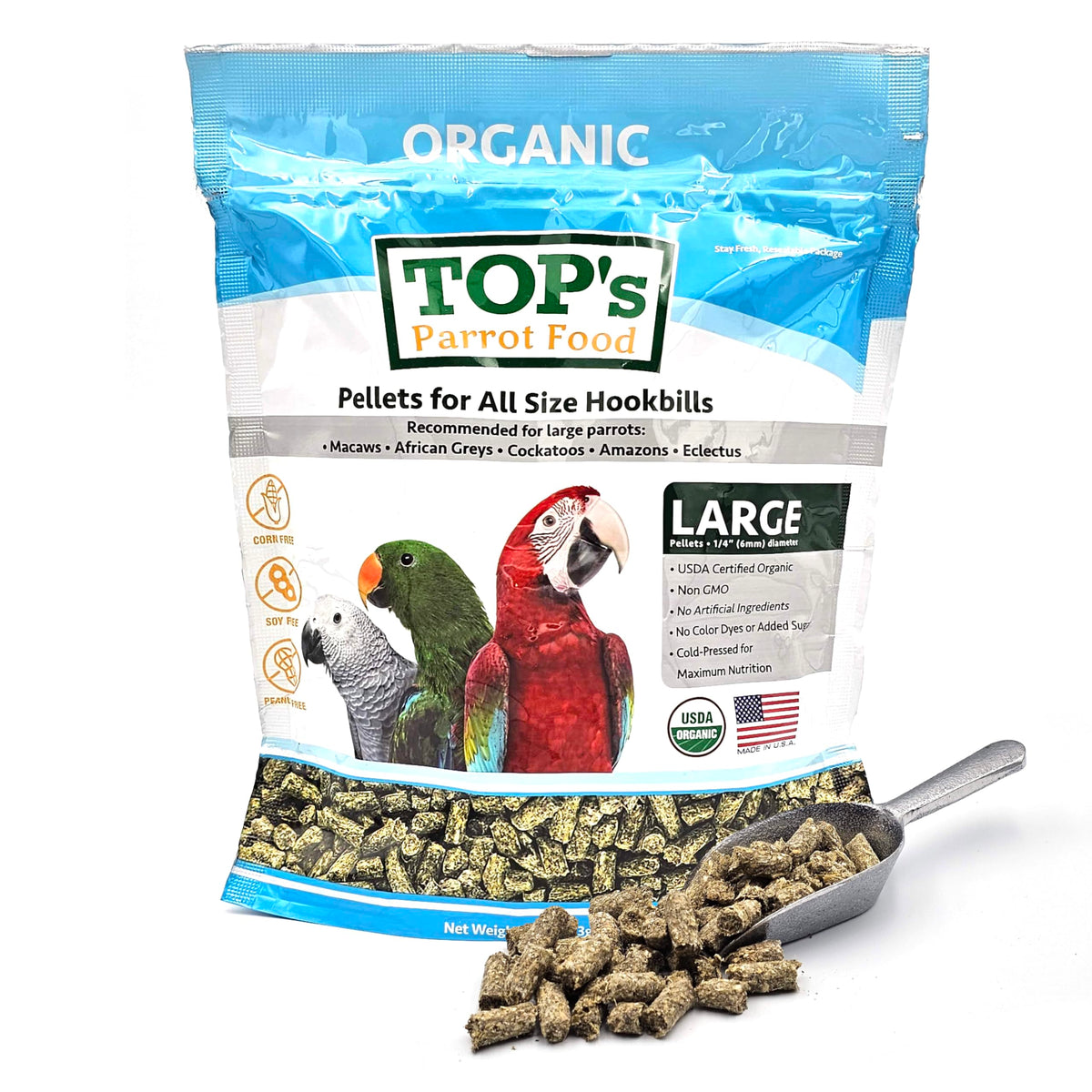 TOP's Parrot Food Pellets envase de 1 lb para dieta balanceada de loros.