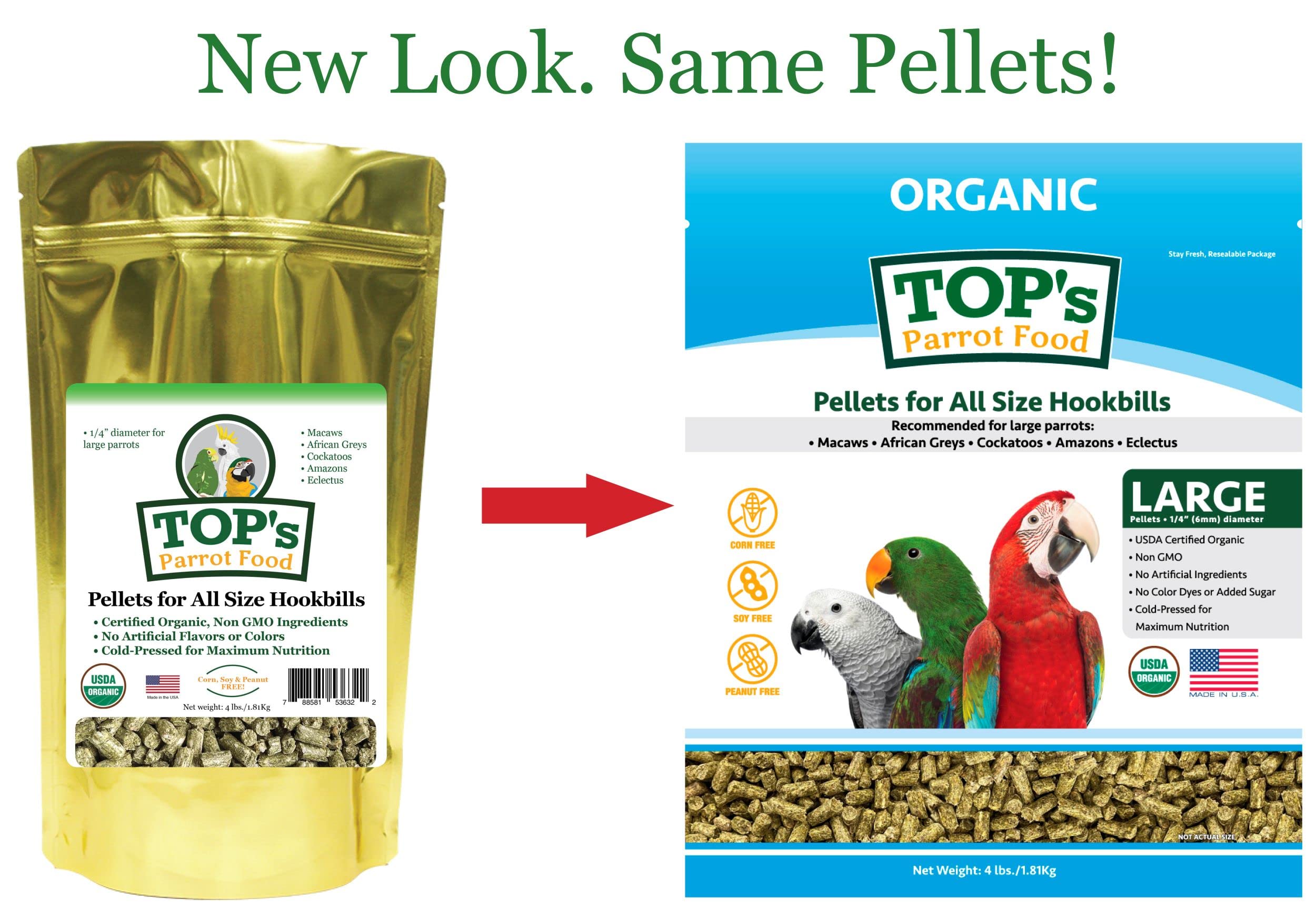 TOP's Parrot Food Pellets Hookbills: certificado USDA Orgánico, opción saludable