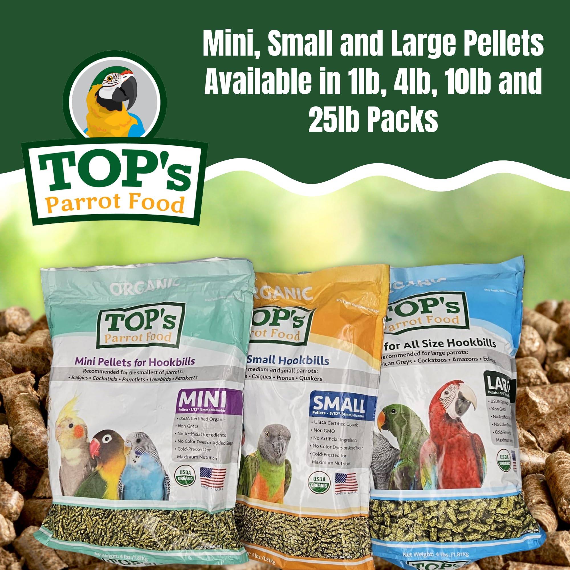 TOP's pellets sin maíz, opción libre de maíz para una dieta más limpia.