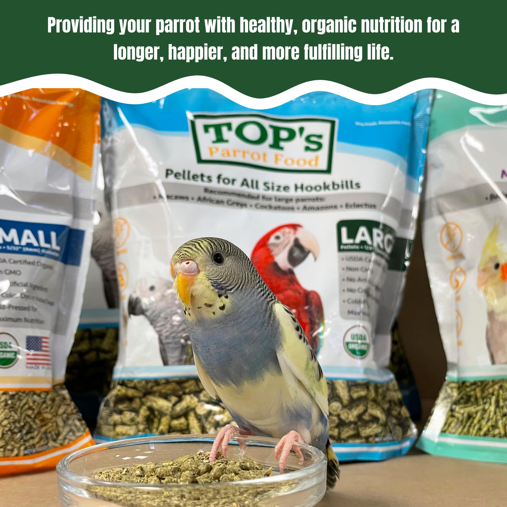 TOP's Parrot Food Pellets sin soja, fórmula natural para loros grandes.