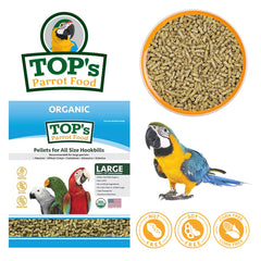TOP's Parrot Food Pellets muestra tamaño de pellet para ajuste según ave.
