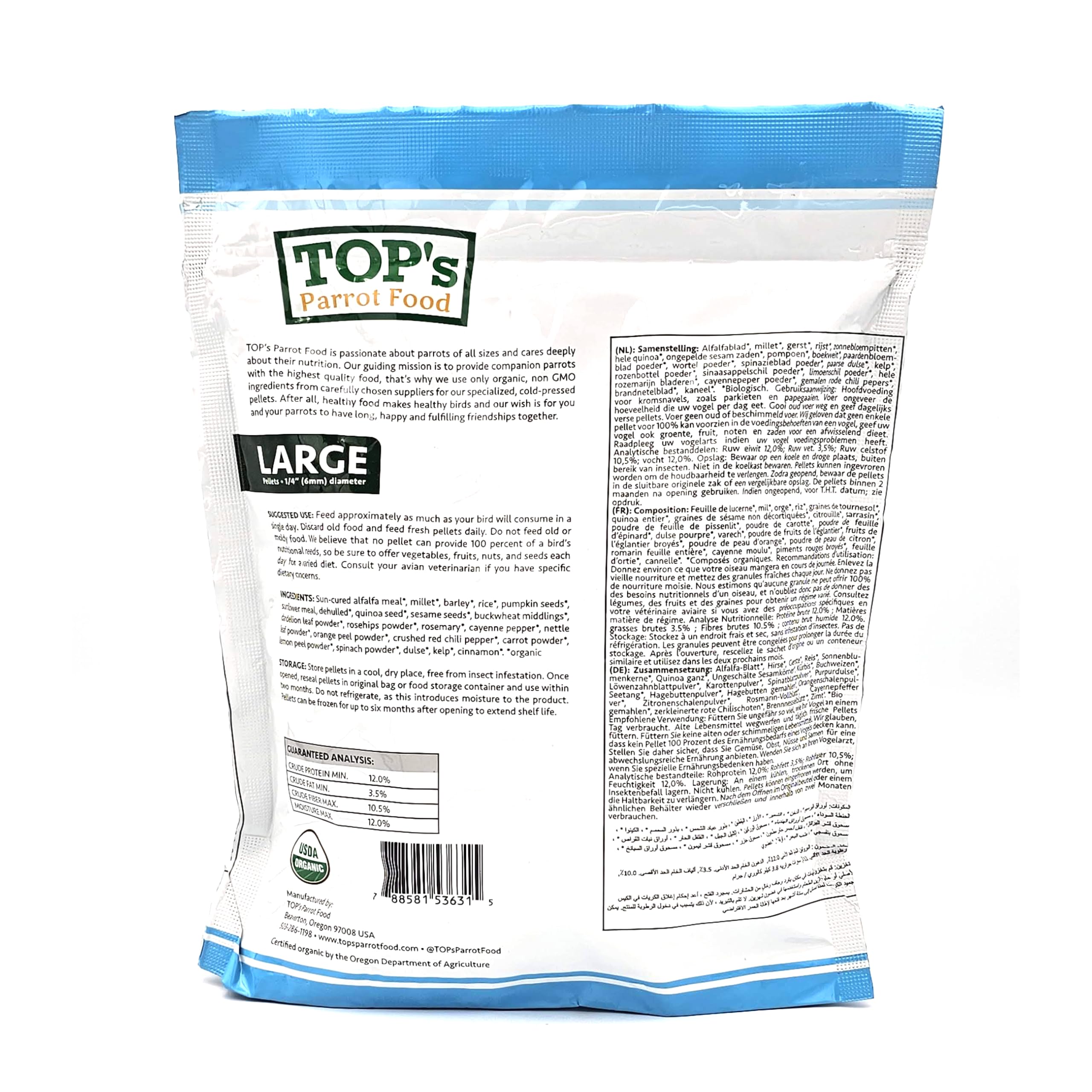 TOP's Parrot Food Pellets uso diario, ofrece nutrición equilibrada para tu loro.