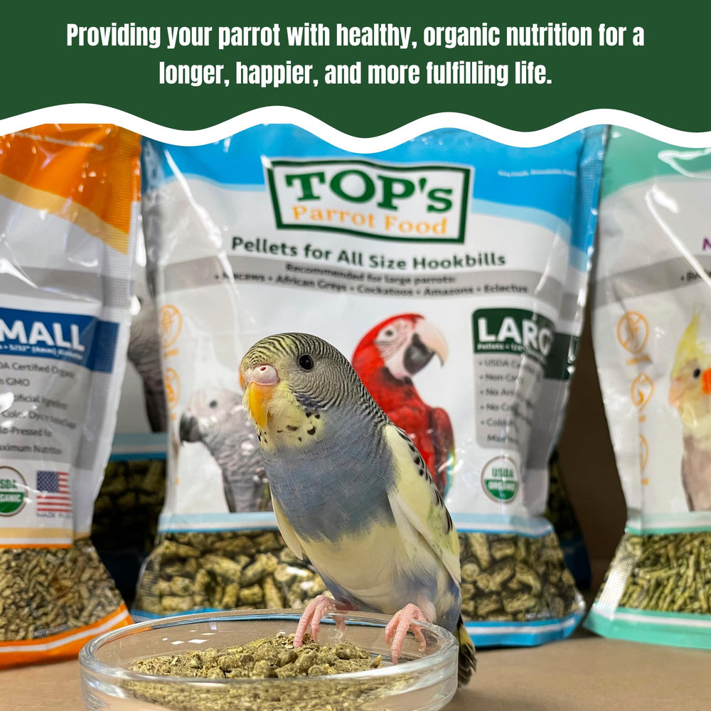 TOP's Parrot Food sin OGM, sin soja y sin maíz para aves sensibles.