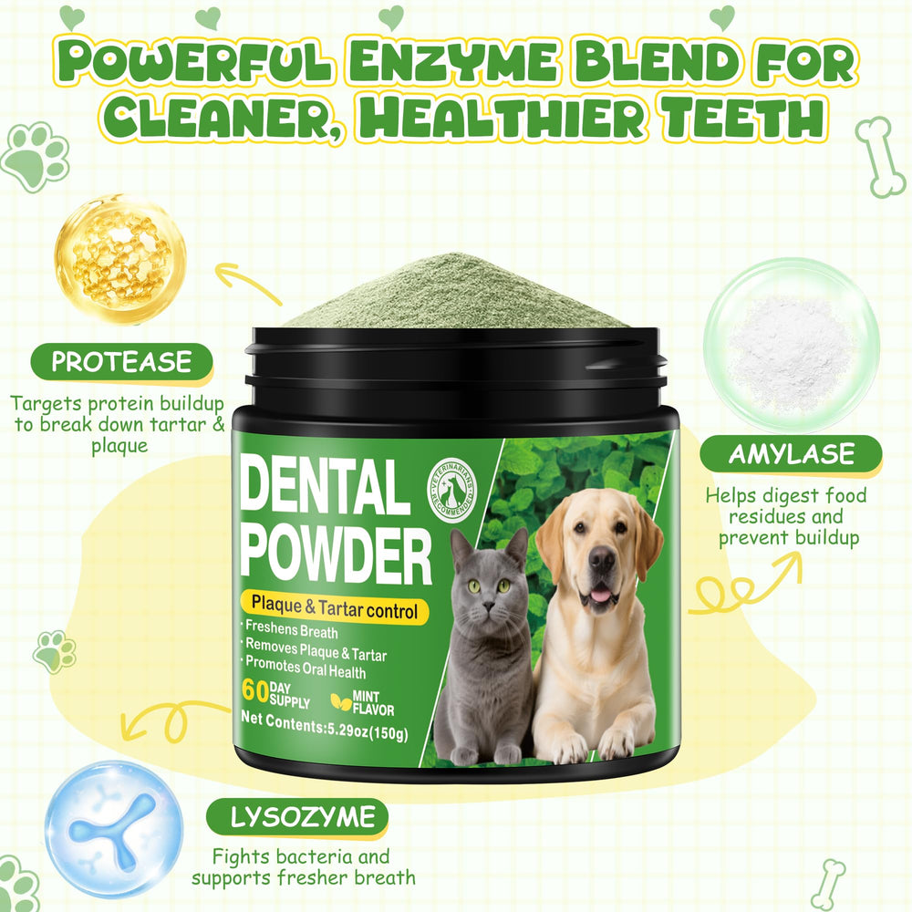 Trihood polvo dental con enzimas para perros y gatos, apoya salud bucal.
