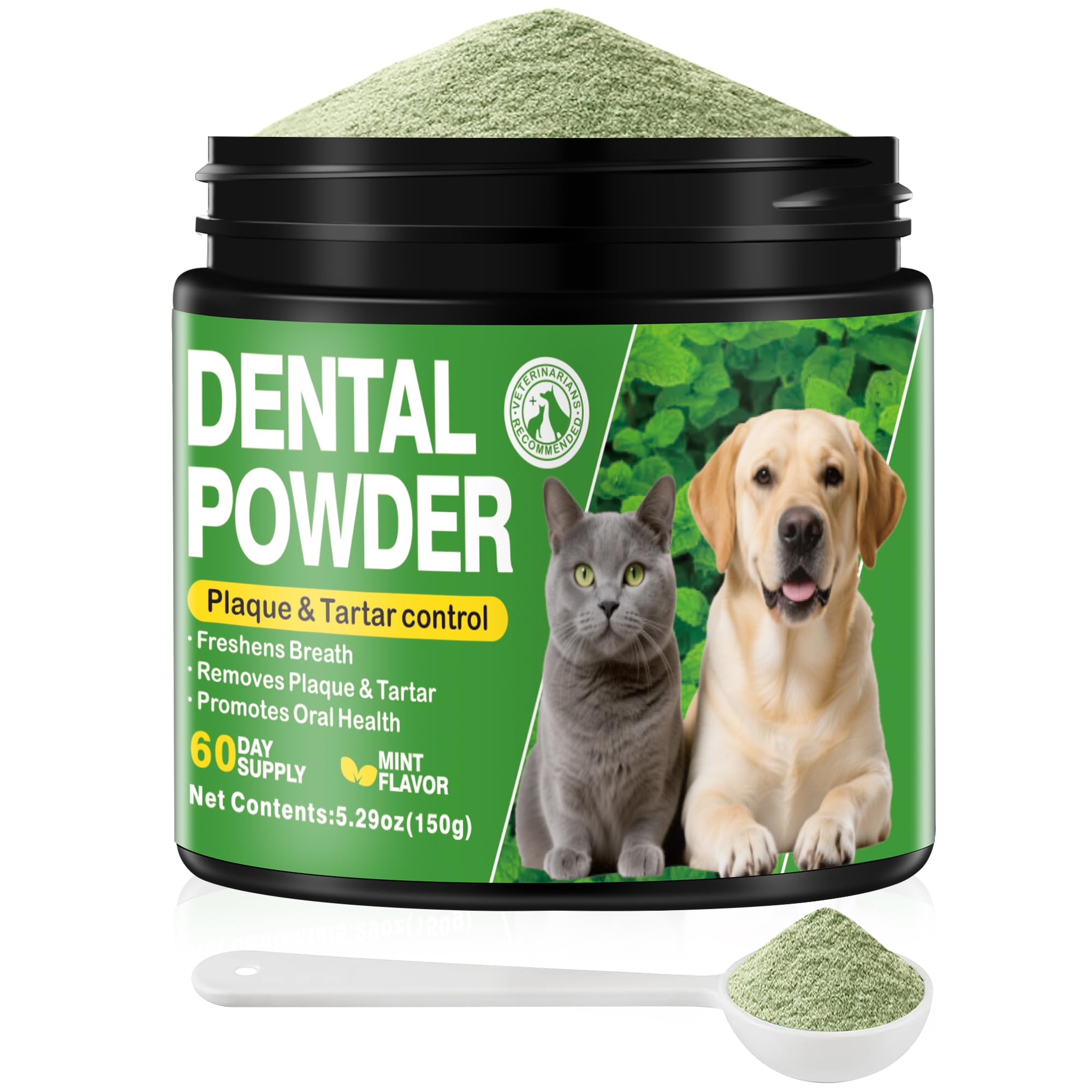 Trihood polvo dental para perros en envase, ayuda a limpieza diaria.