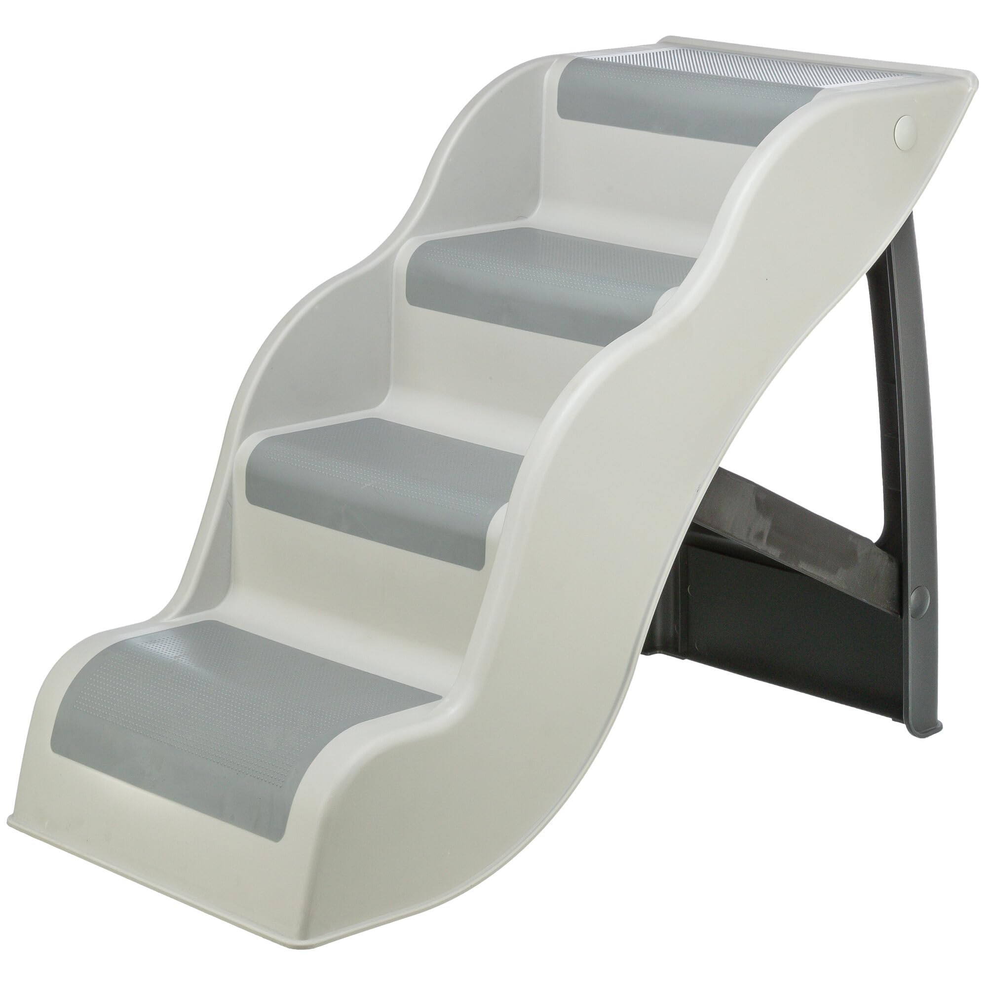 Escalera TRIXIE de 4 pasos gris con superficie antideslizante para cama.