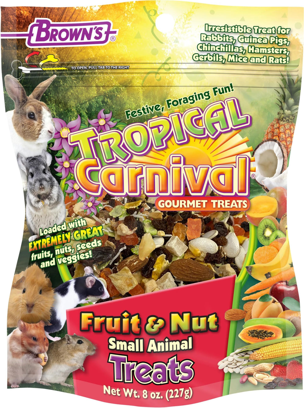 Golosina Tropical Carnival de fruta y frutos secos para mascotas pequeñas, ideal recompensa diaria.
