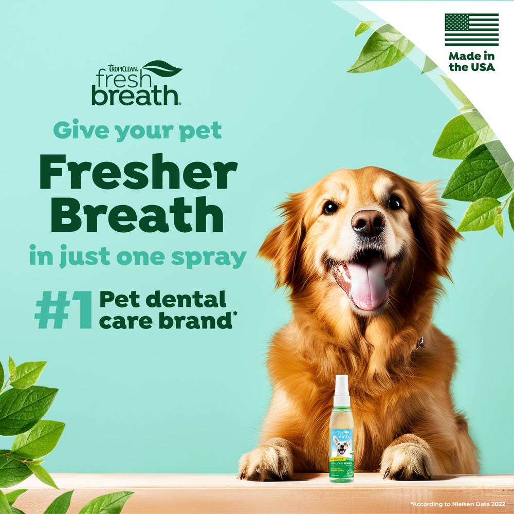 TropiClean aliento fresco para perros y gatos, menta refrescante que complementa la rutina dental.