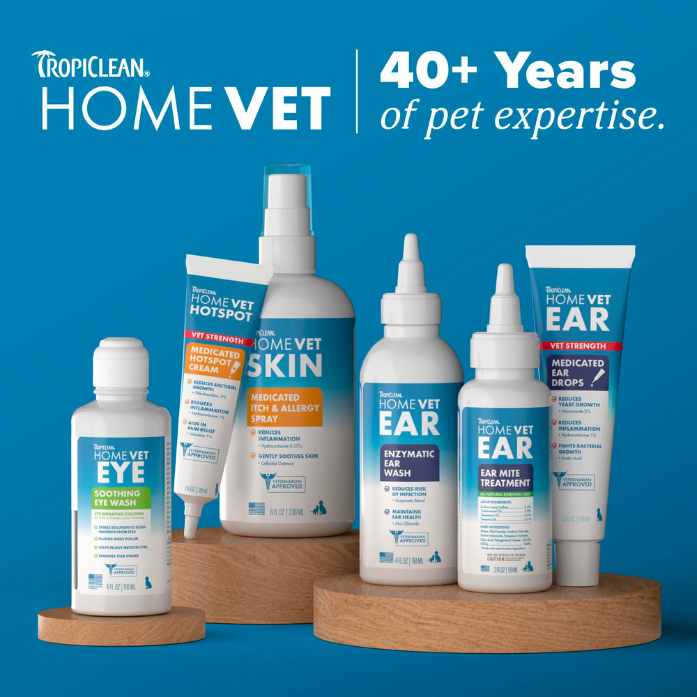 Instrucciones simples con TropiClean HomeVet Crema Medicada para zonas afectadas.