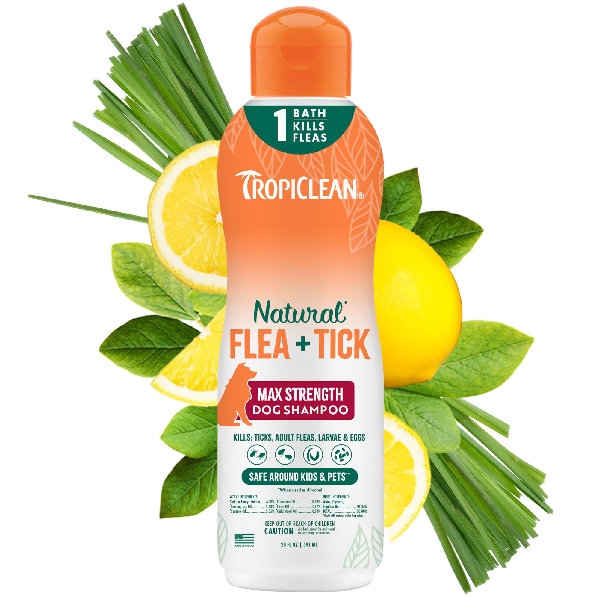 TropiClean Max fuerza: botella de champú para perro con limpieza profunda de pulgas y garrapatas.