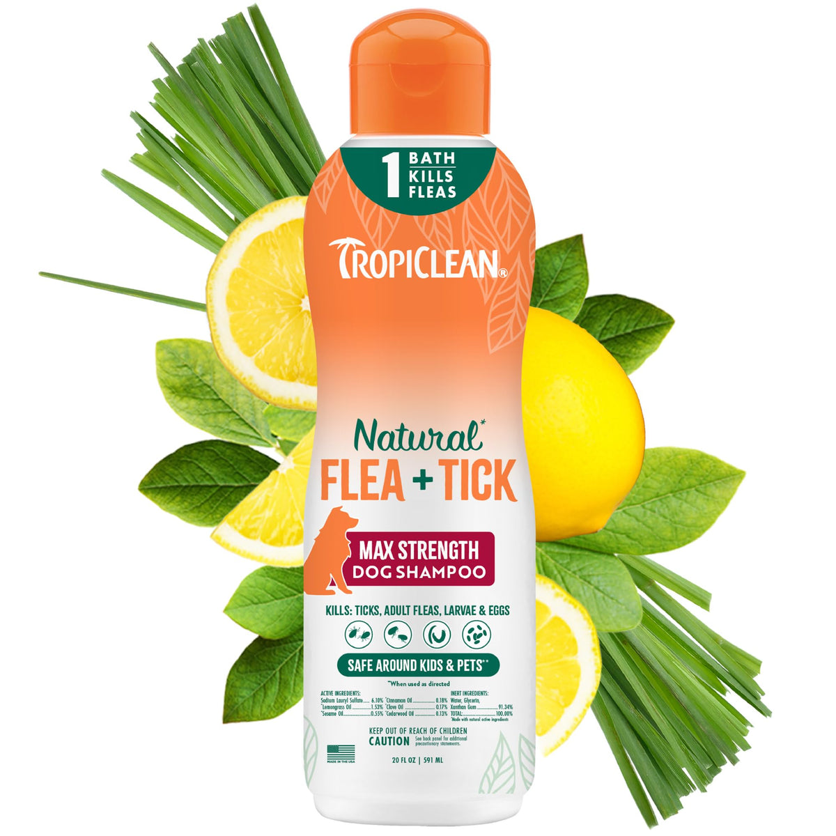 TropiClean Max fuerza: botella de champú para perro con limpieza profunda de pulgas y garrapatas.