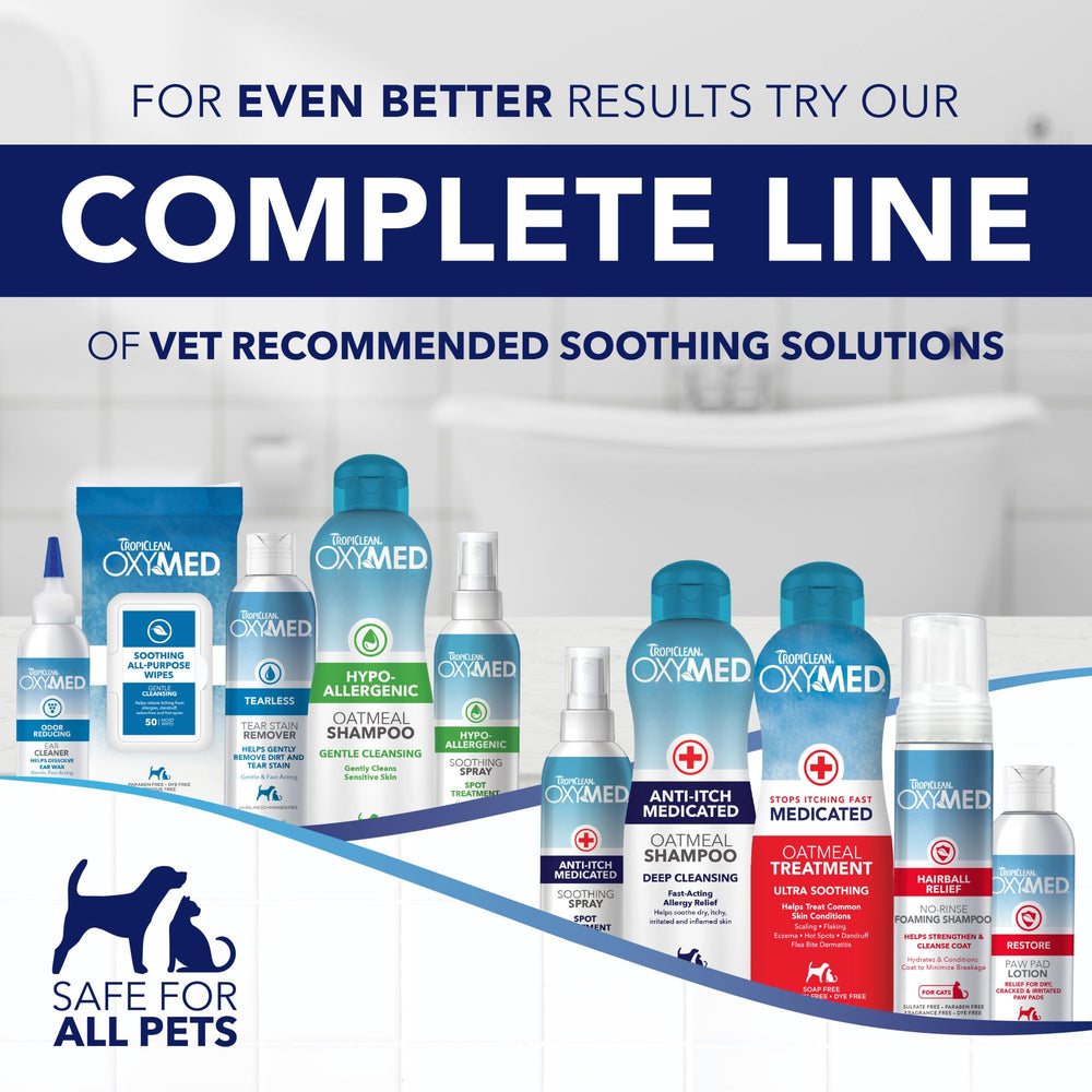 TropiClean Oximed cuidado suave de la piel para perros y gatos.
