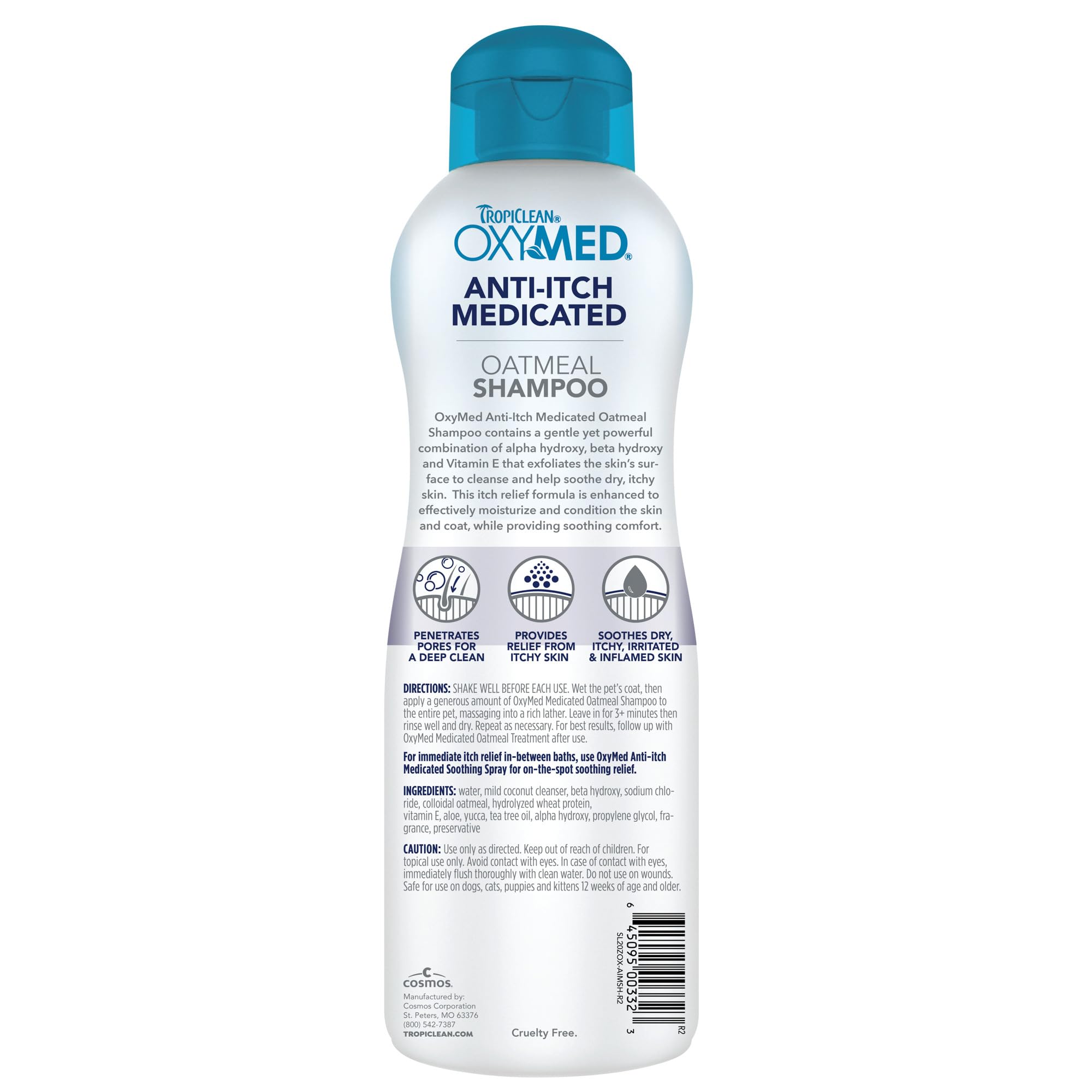 TropiClean OxyMed champú perro espuma limpia suavemente la piel sensible.