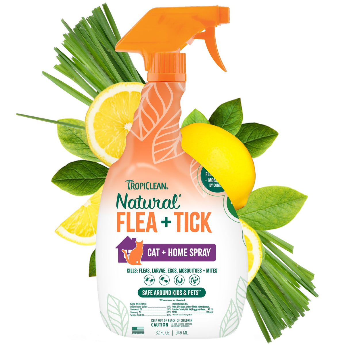 TropiClean spray para gatos en casa, defensa rápida contra pulgas y garrapatas.