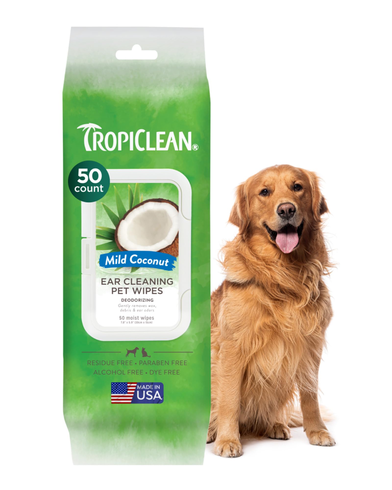 TropiClean para oídos de perro, paquete de 50, limpieza suave.